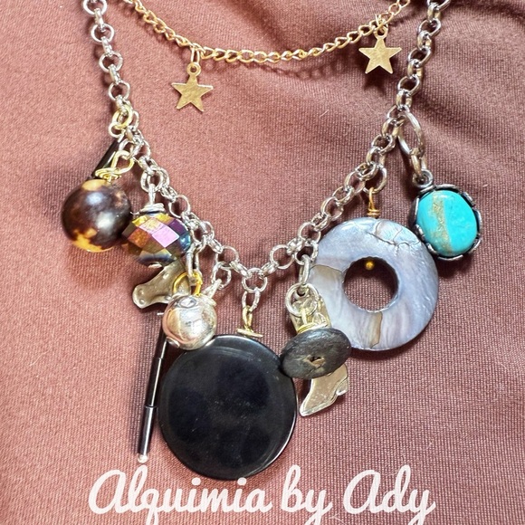 Turquoise and onyx layered multi charms necklace - Picture 4 of 4